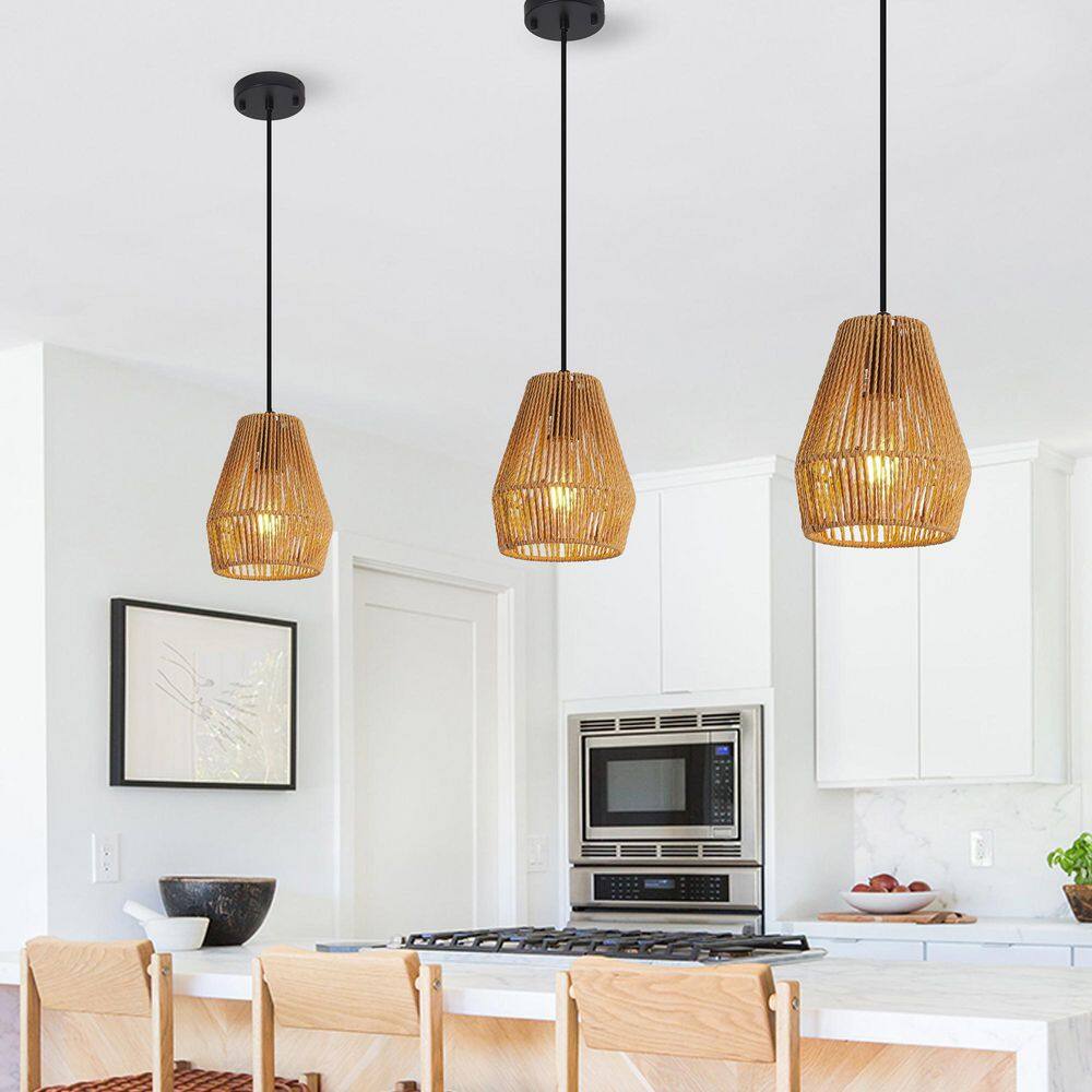 1-Light Boho Rustic Hemp Rope Pendant Light with Natural Woven Shade, Adjustable Height(3-Pack) price history on PriceWatchPro