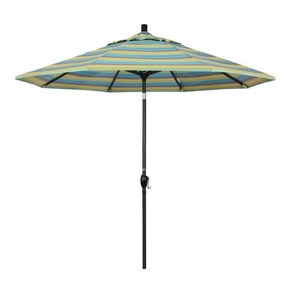 California Umbrella 9 ft. Stone Black Aluminum Push Button Tilt Crank Lift Market Patio Umbrella in Astoria Lagoon Sunbrella
