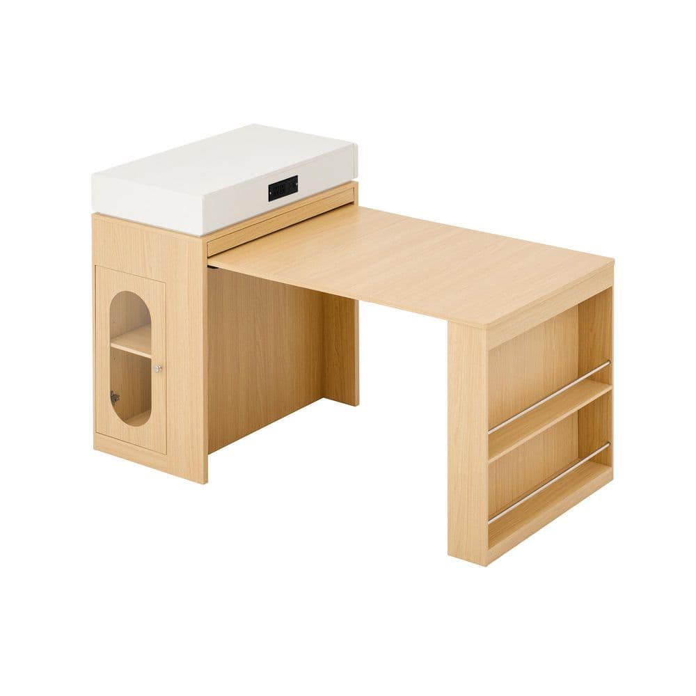 Creamy White/Natural Wood 57.7 in. Kitchen Island with Folding Tabletop, Drawers and Power Outlet, Wheels and Hooks