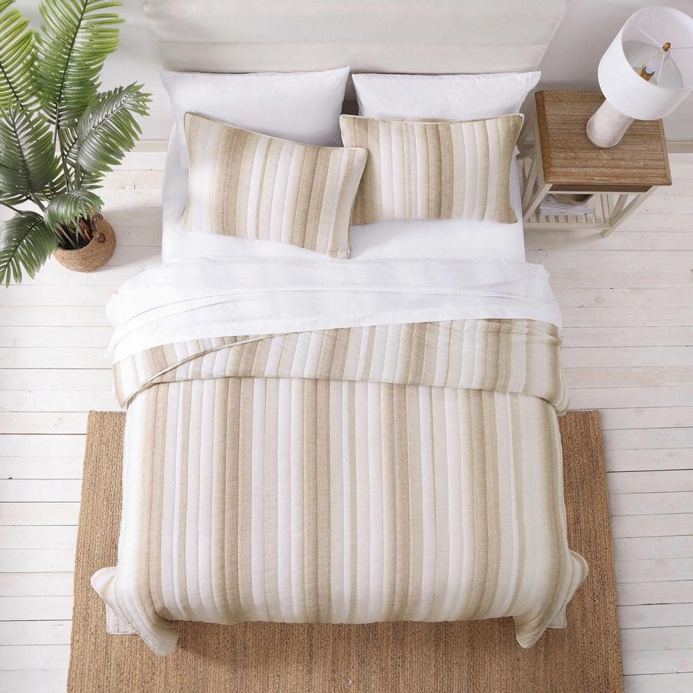 Beige Striped Full Cotton Reversible Quilt Set