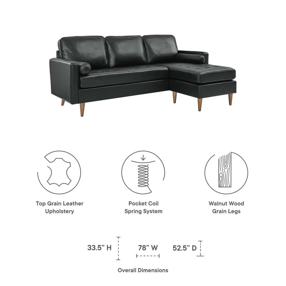 Valour 78" Black Genuine Leather Tufted Sectional Sofa with Ottoman