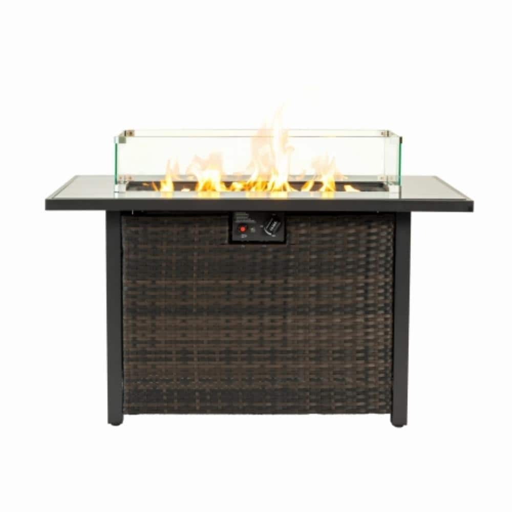 44" Rectangular Propane Fire Pit Table, 50,000 BTU Outdoor Gas Fire Pit with Glass Wind Guard & Cover