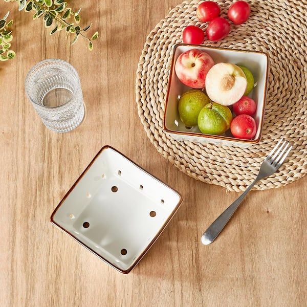 2 Piece Cream White Rustic Ceramic Square Fruit Bowls Ceramic Berry Basket for Kitchen Fruit Washing Set