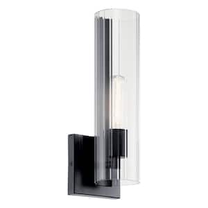 Jemsa 1-Light Black Bathroom Indoor Wall Sconce Light with Clear Fluted Glass Shade