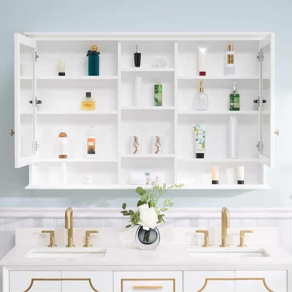 WELLFOR 55 in. W x 35 in. H Rectangular White Wood Surface Mount Medicine Cabinet with Mirror and Shelves, 2-Soft Close Doors