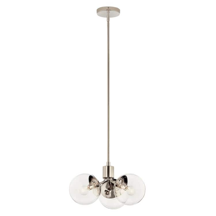 KICHLER Silvarious 16.5 in. 3-Light Polished Nickel Modern Clear Glass Shaded Convertible Chandelier for Dining Room