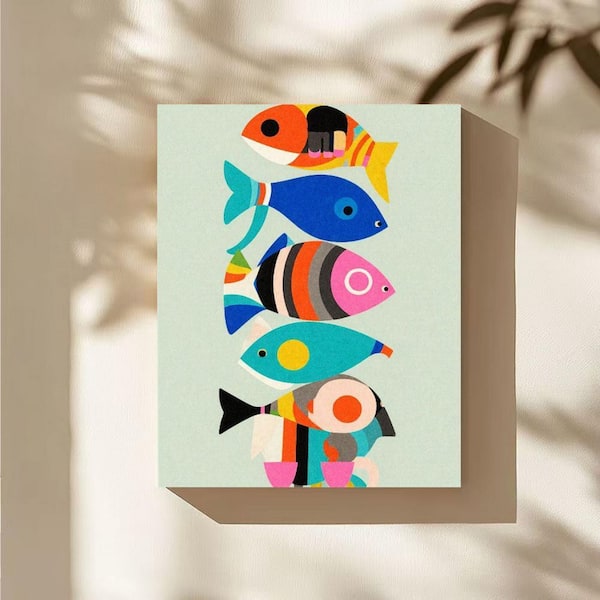 Colorful Stacked Fish Unframed Canvas Art Print 32 in. x 24 in