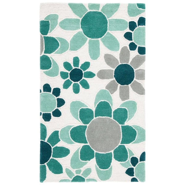 Kids 3 ft. x 5 ft. Ivory/Green Oversized Floral Area Rug