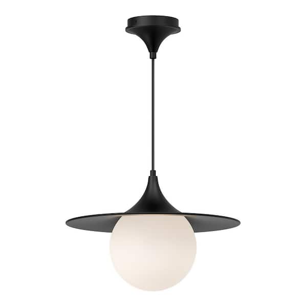 KUZCO Fuji 60-Watt 1 Matte Black/Opal Glass Pendant Light