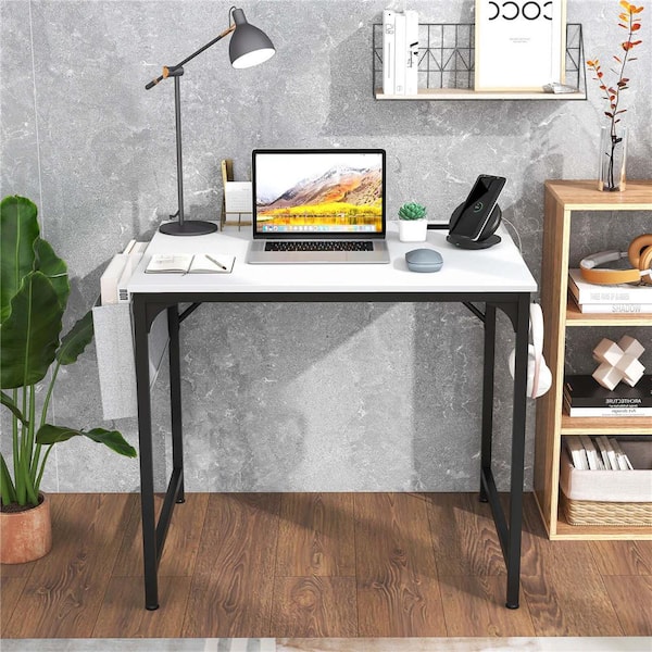 32 in. Rectangular White Wood Desk with Charging Station Storage Bag and Headphone Hook