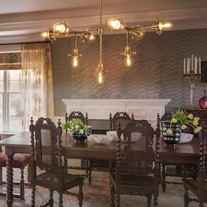 Mia Contemporary Modern 9-Light Linear Brass Chandelier with Floral-Shaped Shades