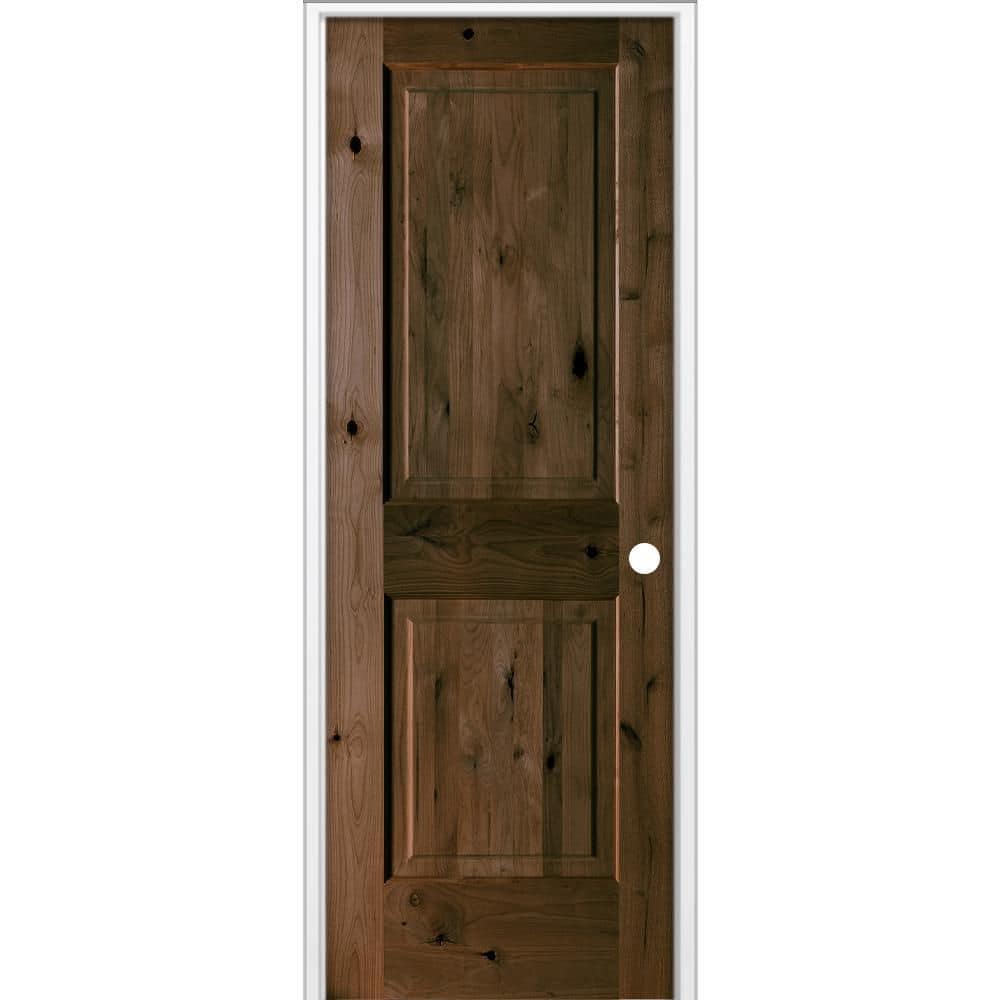 28 in. x 80 in. Rustic Knotty Alder 2-Panel Square Top Left-Hand Single BEHR Espresso Stain Wood Prehung Interior Door price history on PriceWatchPro