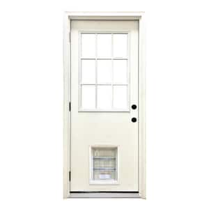 32 in. x 80 in. Reliant Series Clear 9 Lite RHOS White Primed Fiberglass Prehung Front Door with Large Pet Door