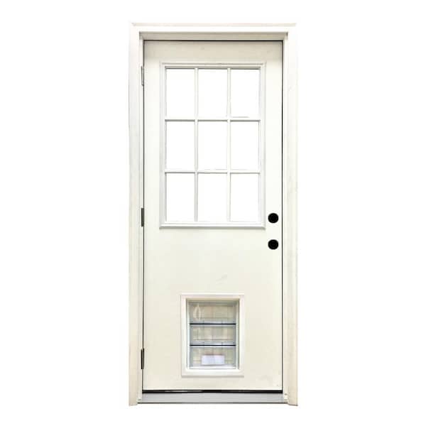 Steves & Sons 32 in. x 80 in. Reliant Series Clear 9 Lite RHOS White Primed Fiberglass Prehung Front Door with Large Pet Door
