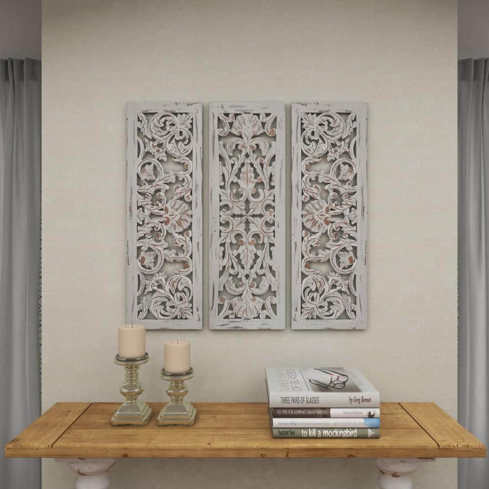 White Distressed Wood Carved Floral Wall Panels Set of 3