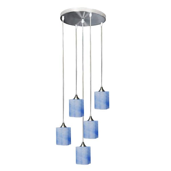 Unbranded 5-Light 4-Cylinder Nickel Hand Blown Blue Glass Shade Chandelier