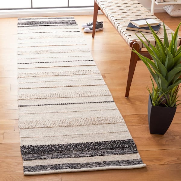 Striped Kilim Ivory Black 2 ft. x 12 ft. Striped Runner Rug