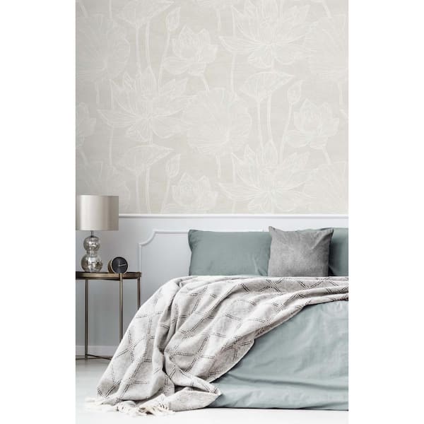57.5 sq. ft. White Pearl Water Lilies Nonwoven Paper Unpasted Wallpaper Roll