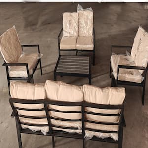 5-Piece Aluminum Patio Furniture Conversation Seating Set with Khaki Cushions and Table