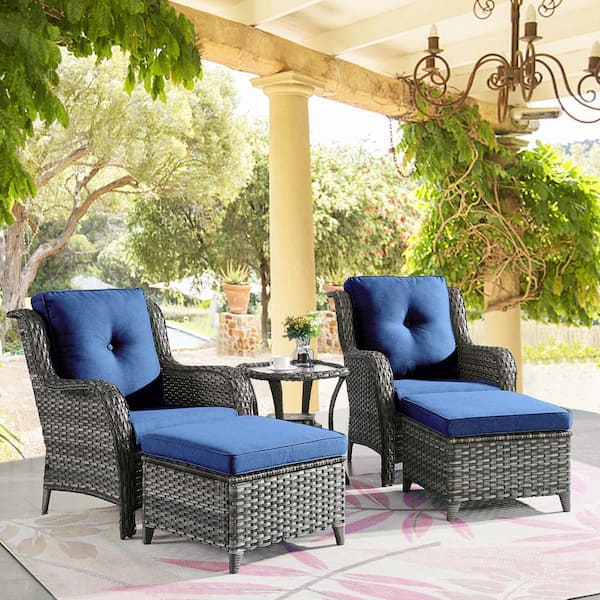 Gymojoy Carolina 5-Piece Wicker Patio Conversation Set with Blue Cushions