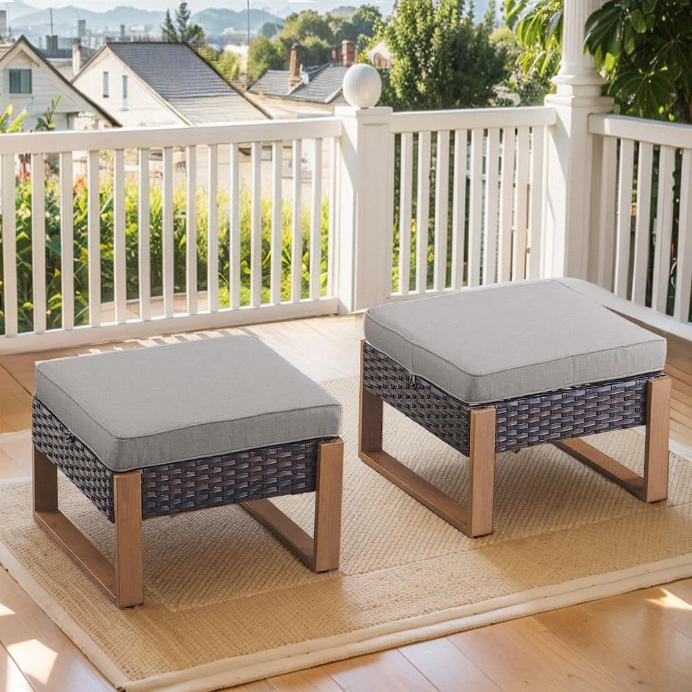 CubeEdge Brown Wicker Outdoor Ottoman with Removable Olefin Gray Cushions Patio Footrest (2-Piece) price history on PriceWatchPro