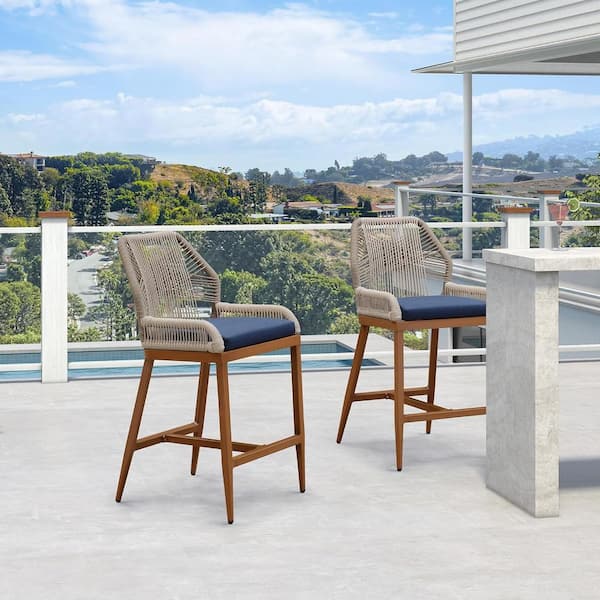 PURPLE LEAF Modern Aluminum Twill Wicker Woven Bar Height Outdoor Bar Stool with Back and Sunbrella Navy Blue Cushion (2-Pack)