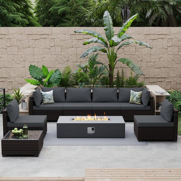 PATIOGUARDER 8-Piece Wicker Patio Conversation Set with Cushions and 56 in. Outdoor Rectangle Fire Pit Table, Dark Grey Cushions