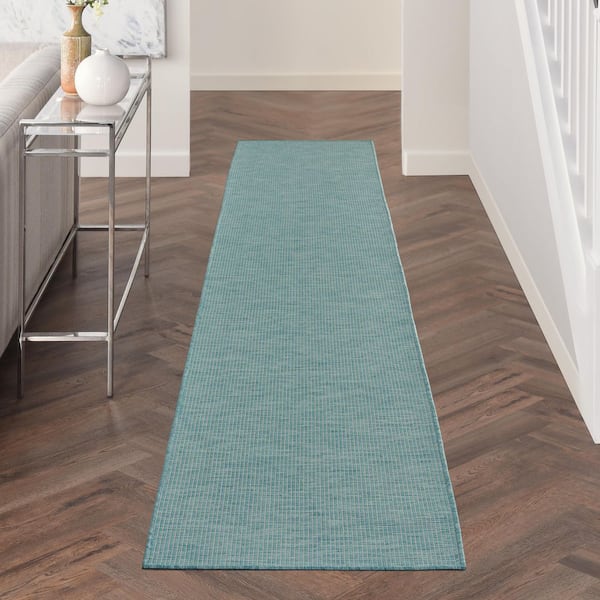 Positano Aqua 2 ft. x 10 ft. Kitchen Runner Solid Modern Indoor/Outdoor Patio Area Rug