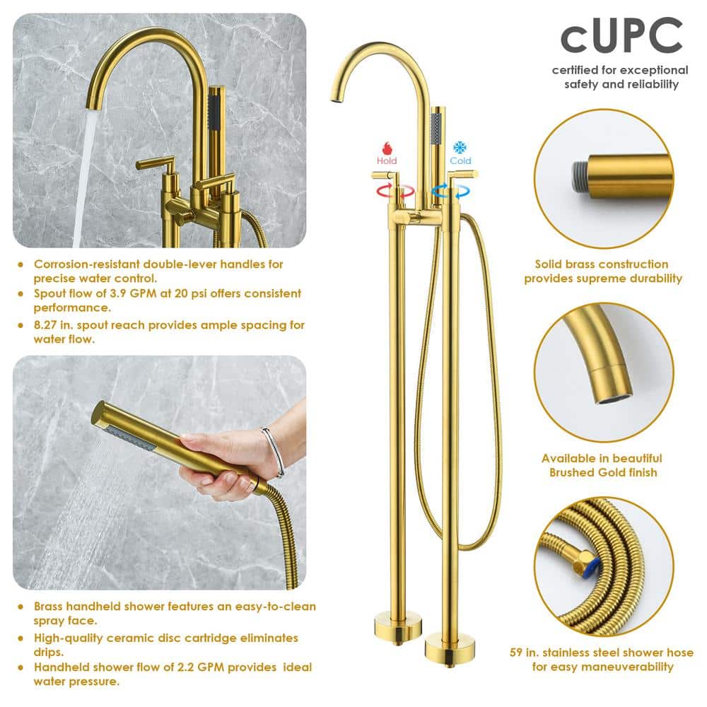 Brushed Gold Stainless Steel Floor Mounted Tub Filler with Handshower