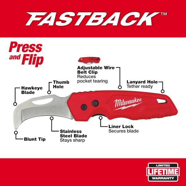 Milwaukee Linemans Blunt Tip Hawkbill Knife with STICKWORK 3- In-1 Ring and FASTBACK Stainless Blunt Tip Hawkbill Folding Knife