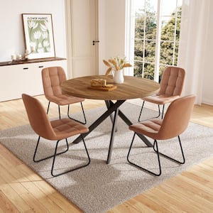 5-Piece Brown Chairs and Walnut Round Dining Table, Dining Table Set with 4 PU Chairs