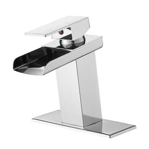 Modern Waterfall Single Handle Single Hole Bathroom Faucet with Deckplate Included and Water Supply Hoses in Chrome