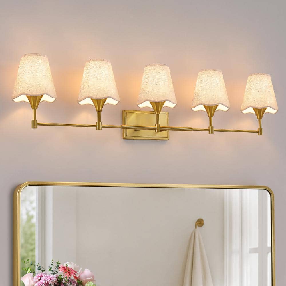 44 In. 5 Light Modern Gold Indoor Vanity Light with Fabric Shades and E26 Socket Base and E26 Socket Base price history on PriceWatchPro