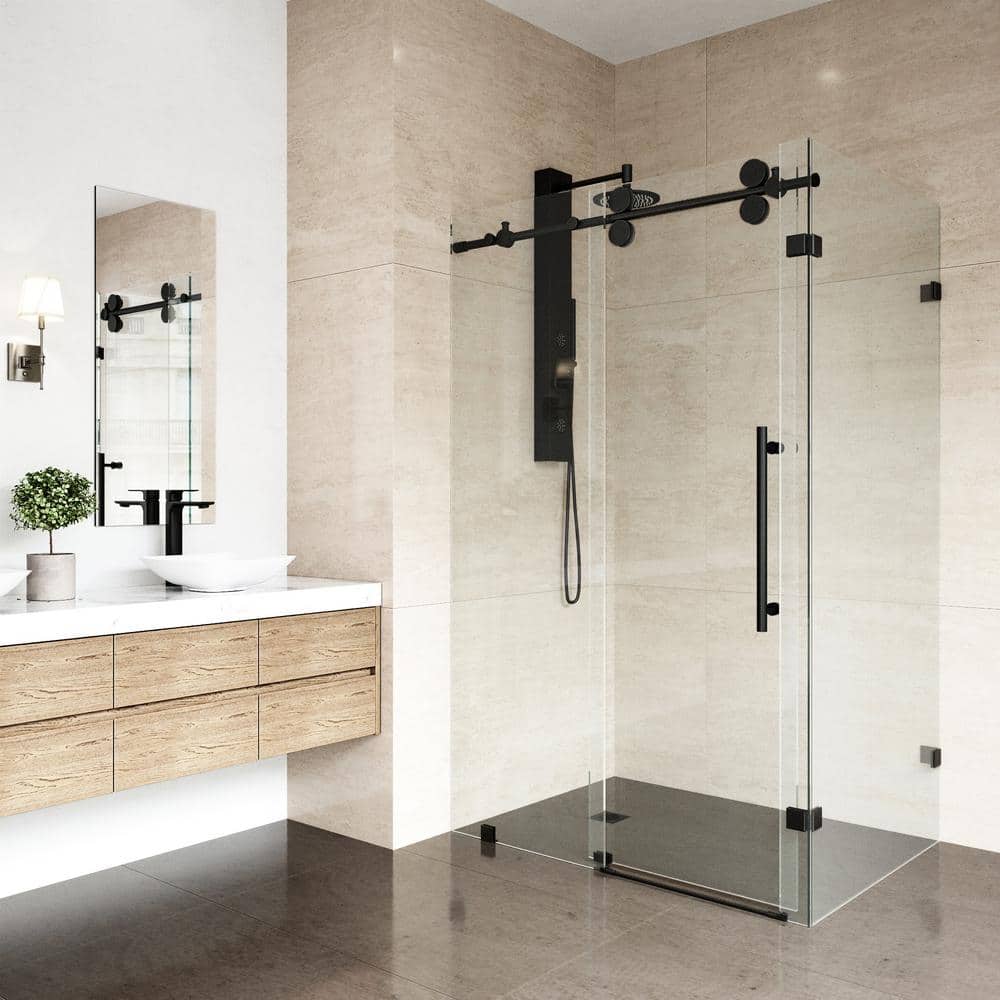 Winslow 46" Matte Black Frameless Sliding Shower Enclosure with Clear Glass