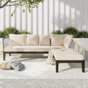 5-Person Metal Outdoor Sectional Set with Cushions Rope Waved Patio Sofa Set Acacia Wood Frame, L-Shaped, Beige+Gray