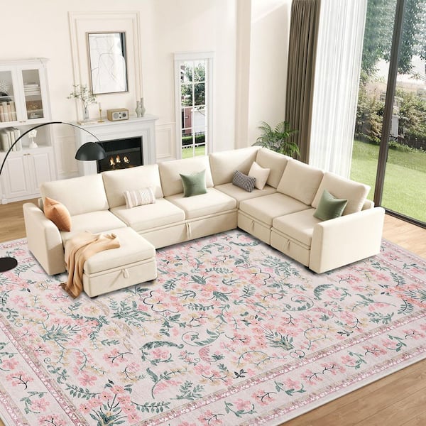 9 X 12 ft. Pink Area Rug for Living Room, Washable Floral Soft Rug, Non Slip Low Pile Carpet, for Bedroom, Dining Room