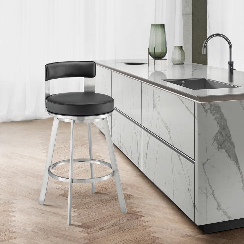 Lynof 38 in. Black/Brushed Stainless Steel 30 in. Bar Stool with Faux Leath