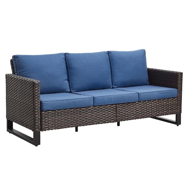 U-Shaped Foot Series 3-Seat Wicker Outdoor Patio Sofa Couch with Deep Seating and Cushions (Brown/Blue)