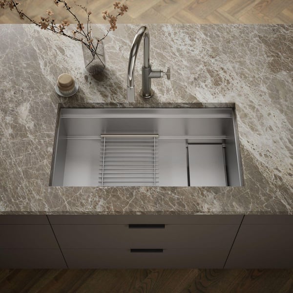 Synthos 33.75 in. Undermount Single Bowl Stainless Steel With Sink Racks And Drain Cover