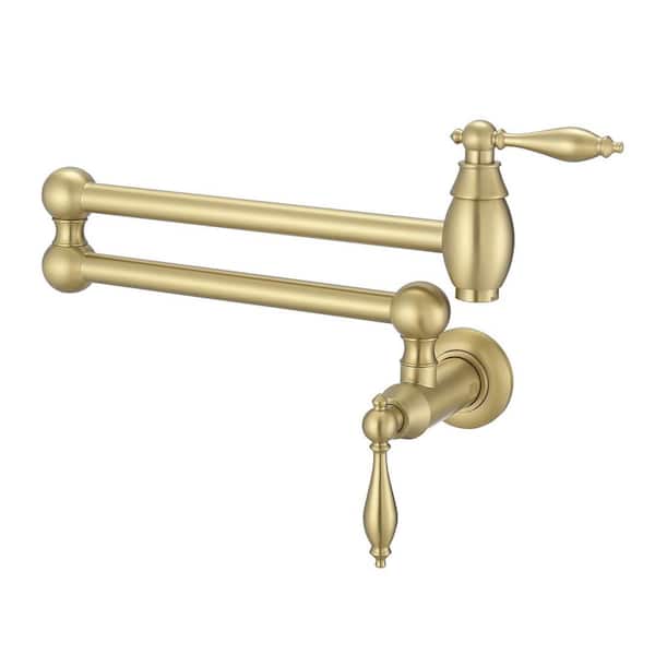23" Brass Wall Mount Over Stove Pot Filler Faucet, Antique 2 Handles Folding Stretchable Pot Filler Brushed Gold