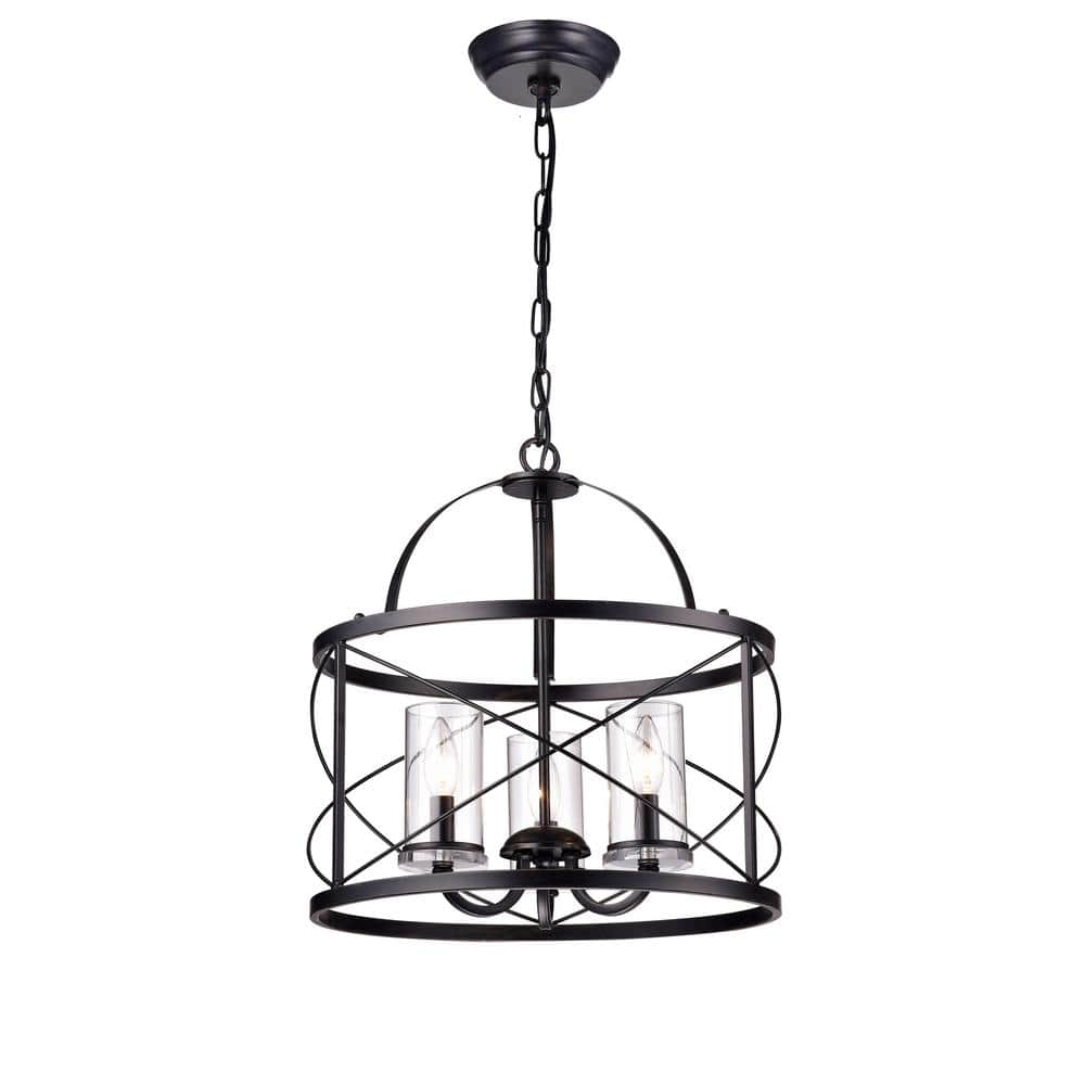 Black Lantern Style 3-Light Chandelier with Glass Shades