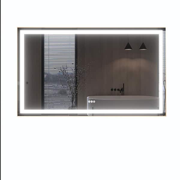 Andrea 60 in. W. x 48 in. H Large Rectangular Metal Framed Dimmable Anti Fog Wall Mount LED Bathroom Vanity Mirror in Gold