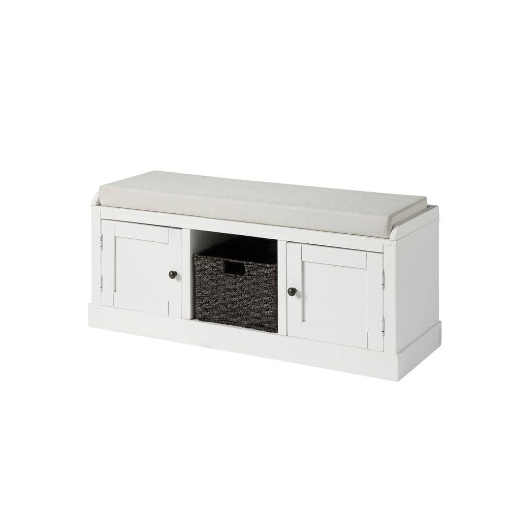 White Homes Collection Wood Storage Bench with 2-Cabinets and 1-Basket 18.3