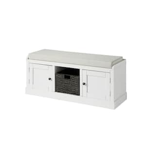 White Homes Collection Wood Storage Bench with 2-Cabinets and 1-Basket 18.3 in. H x 45.7 in. W x 15.7 in. D