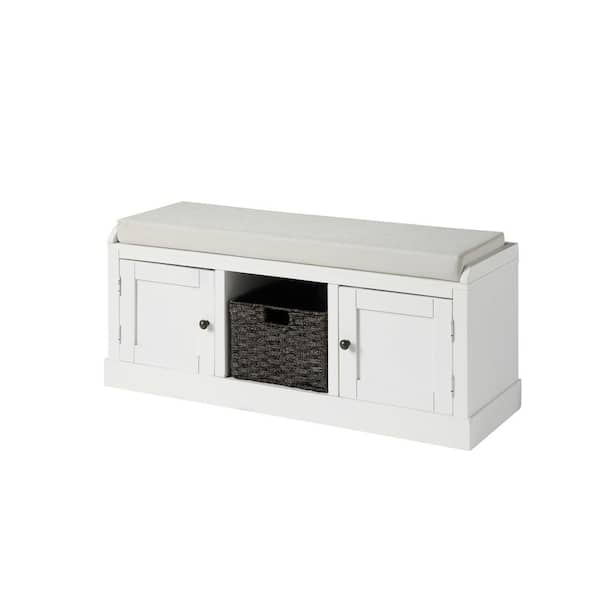 Unbranded White Homes Collection Wood Storage Bench with 2-Cabinets and 1-Basket 18.3 in. H x 45.7 in. W x 15.7 in. D