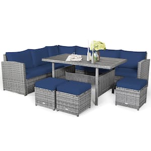 7-Piece Wicker Patio Outdoor Dining Set Sectional Sofa with Blue Cushions