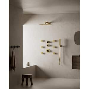 Thermostatic Valve 5-Spray 12 in. Wall Mount Dual Shower Heads and Handheld Shower Head 2.5 GPM in Brushed Gold
