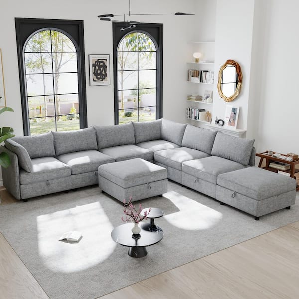 Willow 129 in. 8-Piece Chenille Modular Sectional Sofa in. Grey with Storage, Sleeper Sofa Bed with Ottomans