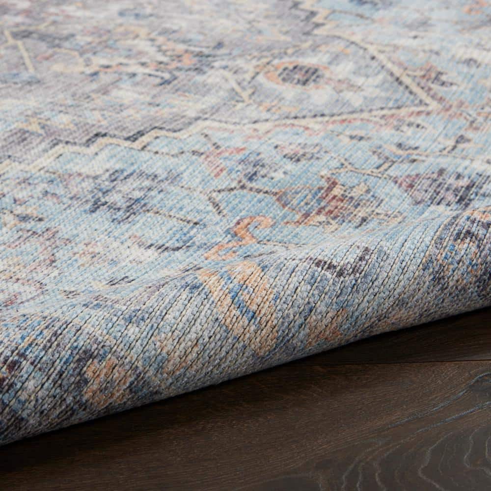 Light Grey and Blue Floral Cotton Chenille Rectangular Rug 6' x 9'