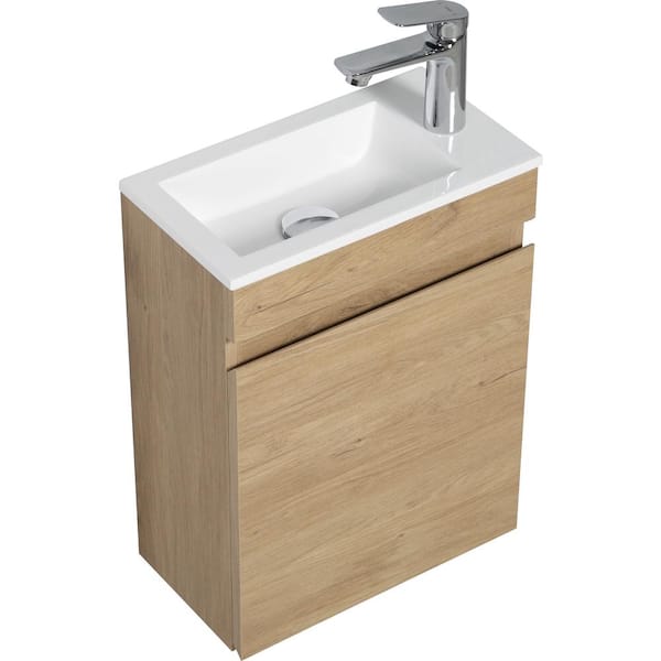 Abruzzo 16 in. W Small Mini Bathroom Vanity Wall-Mounted Floating Vanity Cabinet with Resin White Top Basin in Natural Oak